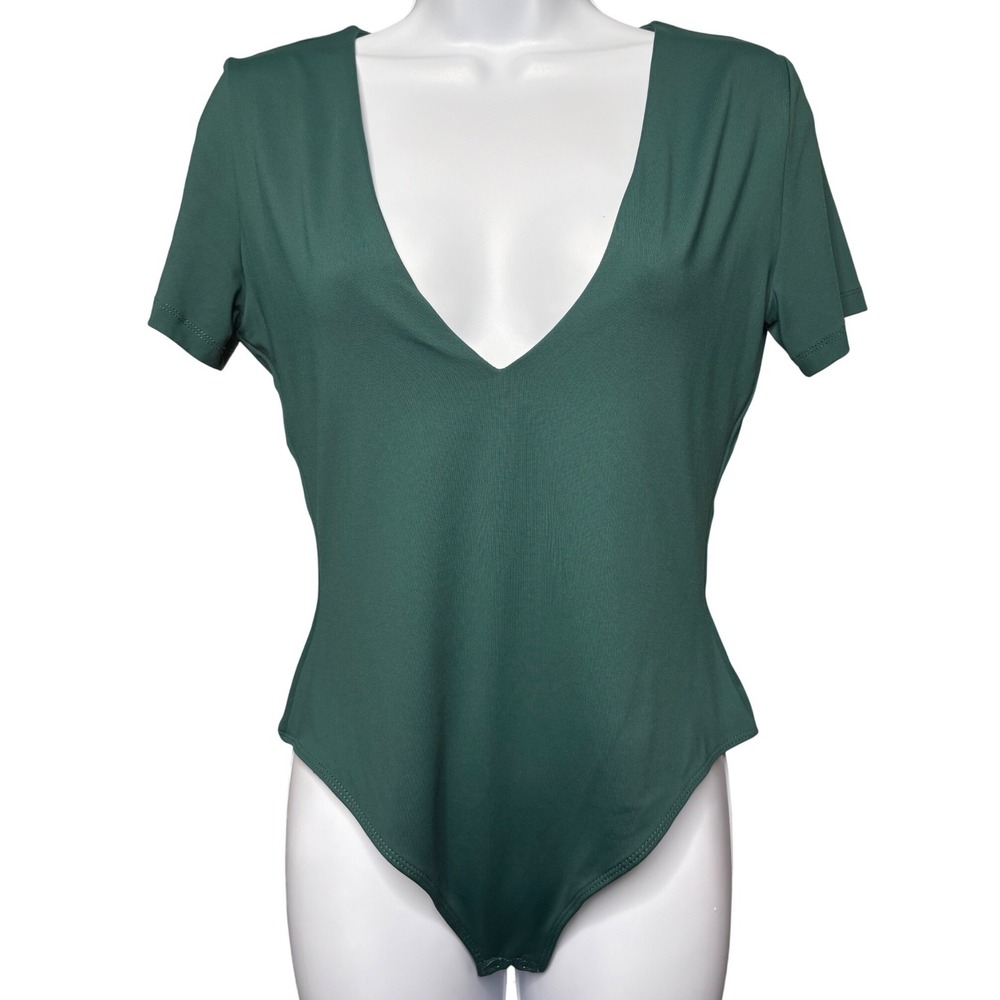 HOUSE OF HARLOW 1960‎ Womens Green Deep V Neck Short Sleeve Bodysuit Sz L Sleek